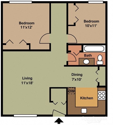 Floor plan for 2 beds, 1 bath, 780 sqft
